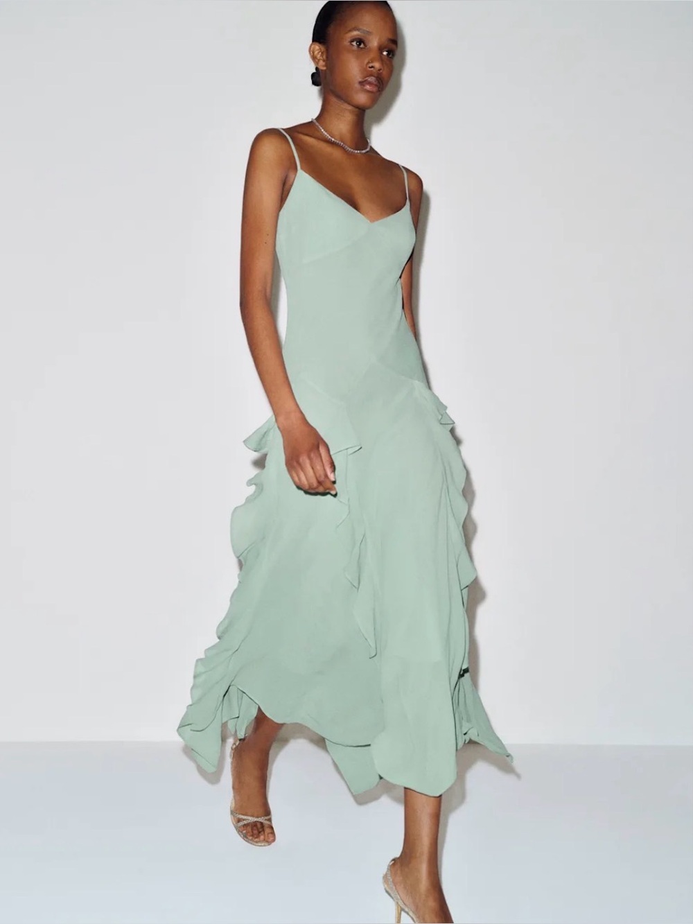 Reformation Allissa Spaghetti Strap Ruffle Midi Dress in Sage Green